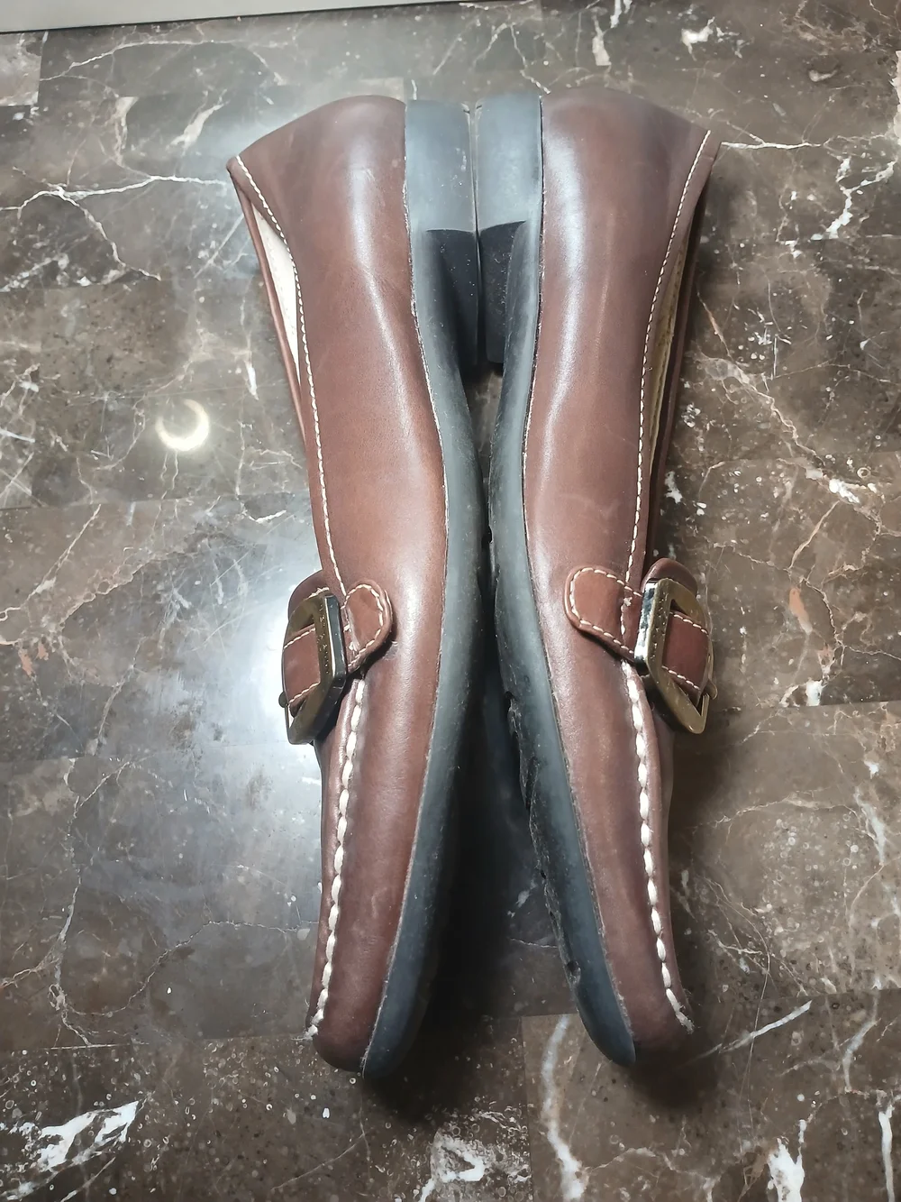 Anne Klein Brown Leather Loafers with Brass Buckle